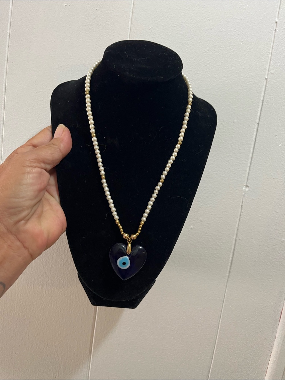Pearl Bead Necklace with Blue Heart Evil Eye Pendant